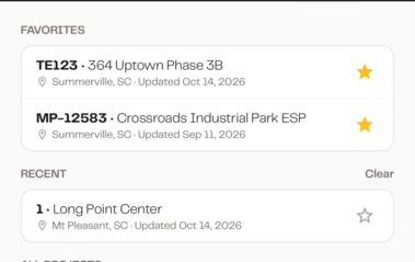 SiteMarker mobile app Projects list showing Favorites and Recent